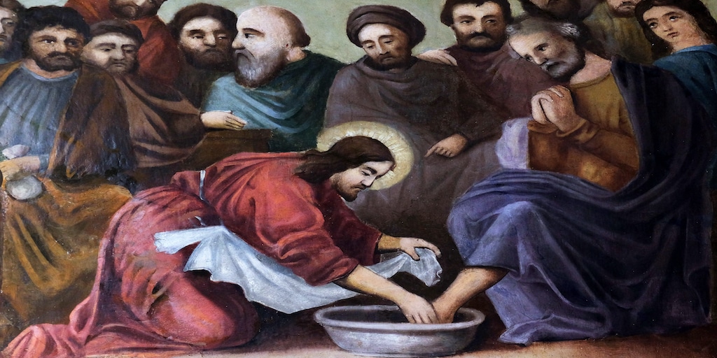 STITAR, CROATIA - AUGUST 27: Jesus washes the feet of Peter, fresco in the church of Saint Matthew in Stitar, Croatia on August 27, 2015